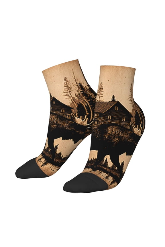 Low Cut Unisex Novelty Crew Socks Casual Ankle Socks for Men Women, Rustic Lodge Moose Deer Vintage