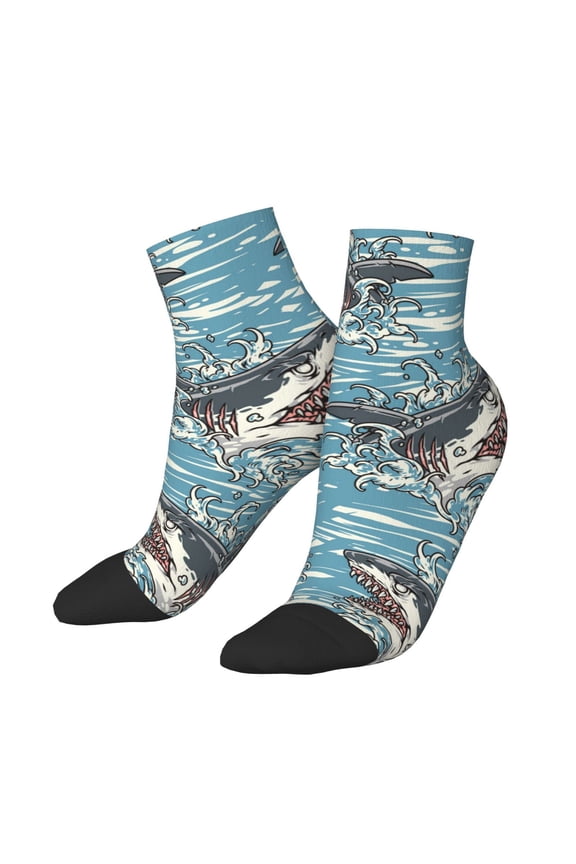 Low Cut Unisex Novelty Crew Socks Casual Ankle Socks for Men Women, Sea Sharks Waves Vintage Shark
