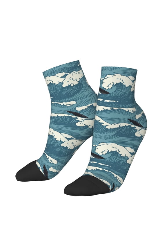 Low Cut Unisex Novelty Crew Socks Casual Ankle Socks for Men Women, Sea Waves Shark Vintage