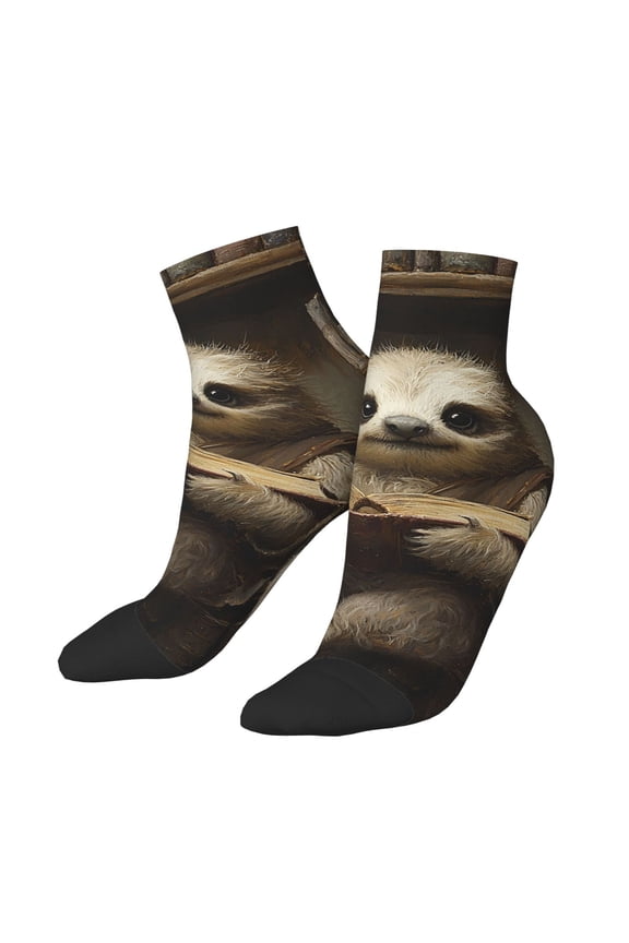 Low Cut Unisex Novelty Crew Socks Casual Ankle Socks for Men Women, Sloth Bookshelf Books Vintage