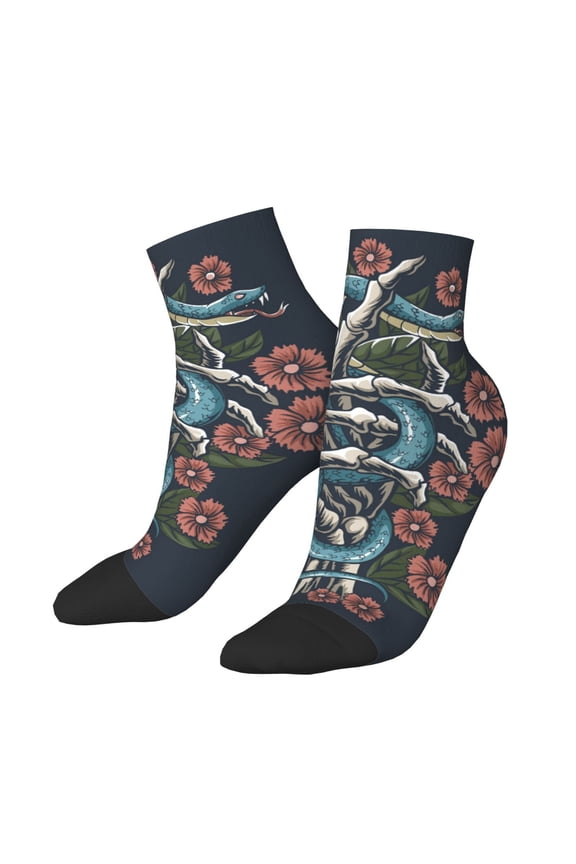 Low Cut Unisex Novelty Crew Socks Casual Ankle Socks for Men Women, Snake Hand Bones Skull Flower