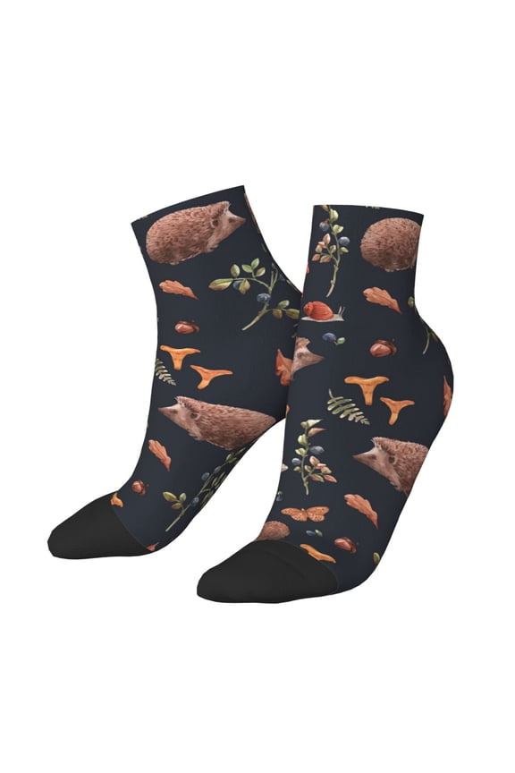 Low Cut Unisex Novelty Crew Socks Casual Ankle Socks for Men Women, Watercolor Hedgehog Mushroom