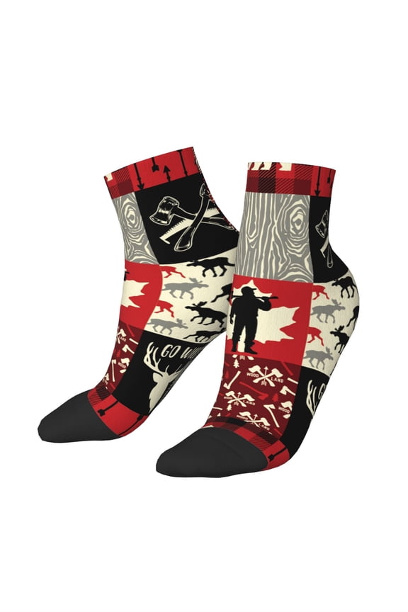 Low Cut Unisex Novelty Crew Socks Casual Ankle Socks for Men Women, Wildlife Wood Plaid And Lumberjack Symbols