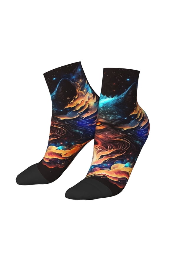 Low Cut Unisex Novelty Crew Socks Casual Ankle Socks for Men Women, Wolf Galaxy Fire Space