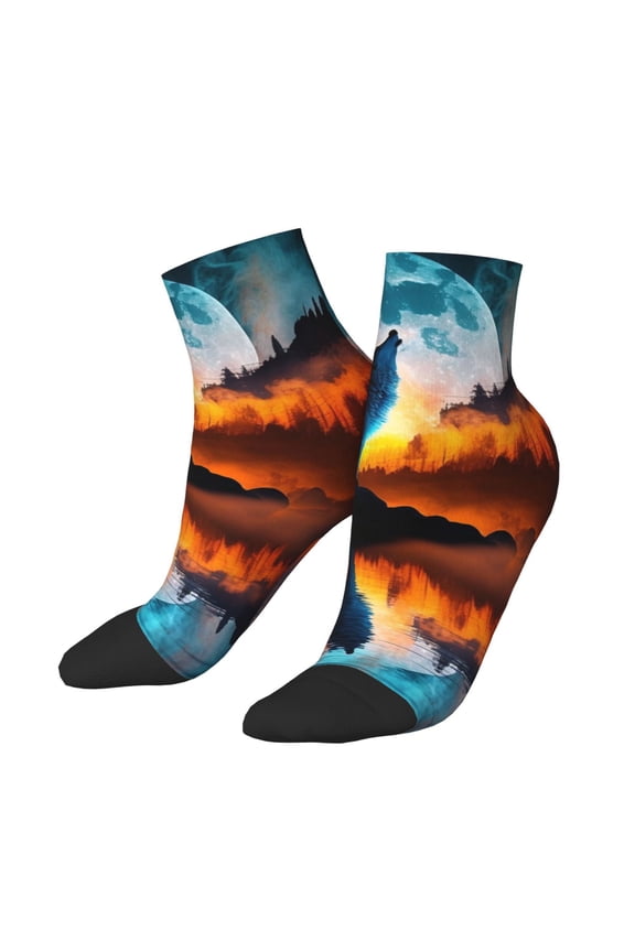 Low Cut Unisex Novelty Crew Socks Casual Ankle Socks for Men Women, Wolf Howling Night Moon River