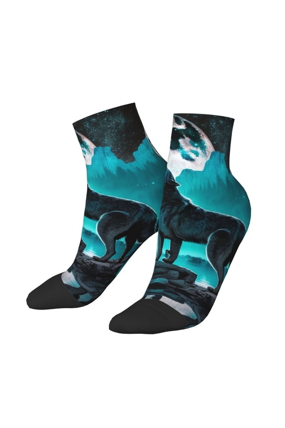 Low Cut Unisex Novelty Crew Socks Casual Ankle Socks for Men Women, Wolf Howling River Night Moon Cool