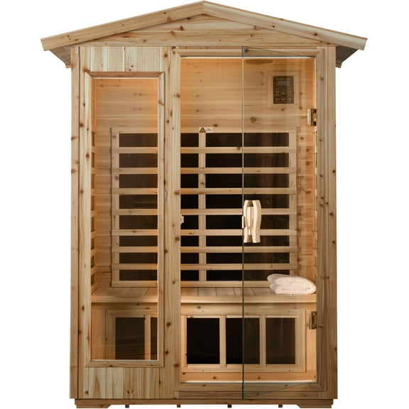 Low EMF Outdoor Far Infrared Sauna 2-Person, Hemlock Wood Sauna for Home, Withstand Outdoor Temp -5℉-104℉, Bluetooth Speakers, LED Reading Lamps, Chromotherapy Light