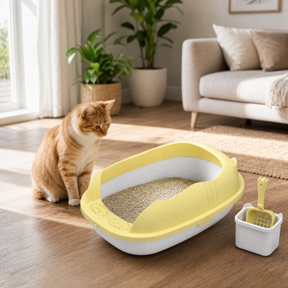 Low Entry Cat Litter Box, Semi Enclosed Litter Pan with Shovel,Plastic Poop Basin for Kittens, Spill Proof Toilet for Young Cats