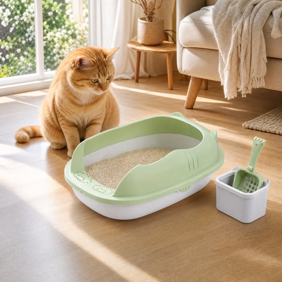 Low Entry Cat Litter Box, Semi Enclosed Litter Pan with Shovel,Plastic Poop Basin for Kittens, Spill Proof Toilet for Young Cats