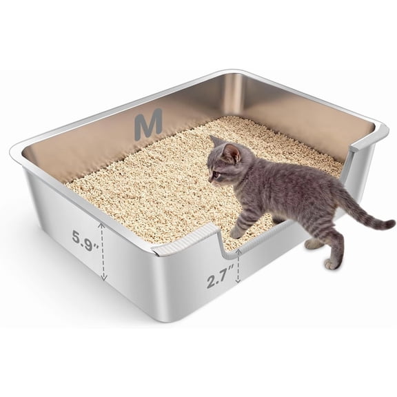 Low Entry Litter Box for Senior or Disabled & Injured Cats, Stainless Steel High Sided Enclosed Easy Step in Entry-Large Metal Kitty Litter Box for Kittens, Odor Control