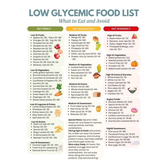 Low-GI Food List Poster, Low-GI Food Chart - Low-GI Diet Plan and Shopping List - Healthy Diet Food List Poster for Diabetes