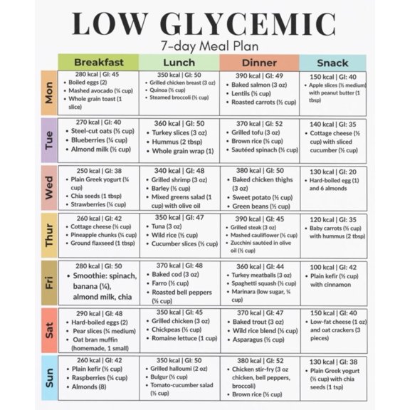 Low Glycemic Index 7-Day Diet Plan Poster - Beneficial For Blood Sugar Control + Glucose Index And Calorie Statistics Poster - DiabetesWeight Loss Poste