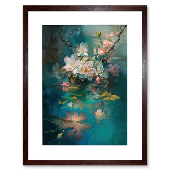 Low Hanging Cherry Blossom Branch in River Stream Modern Watercolour Painting Artwork Framed Wall Art Print 9X7 Inch