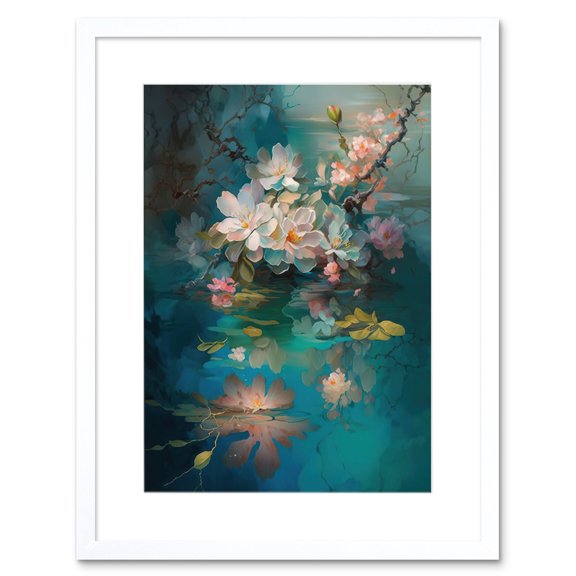 Low Hanging Cherry Blossom Branch in River Stream Modern Watercolour Painting Artwork Framed Wall Art Print 9X7 Inch