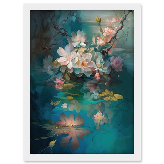 Low Hanging Cherry Blossom Branch in River Stream Modern Watercolour Painting Artwork Framed Wall Art Print A4