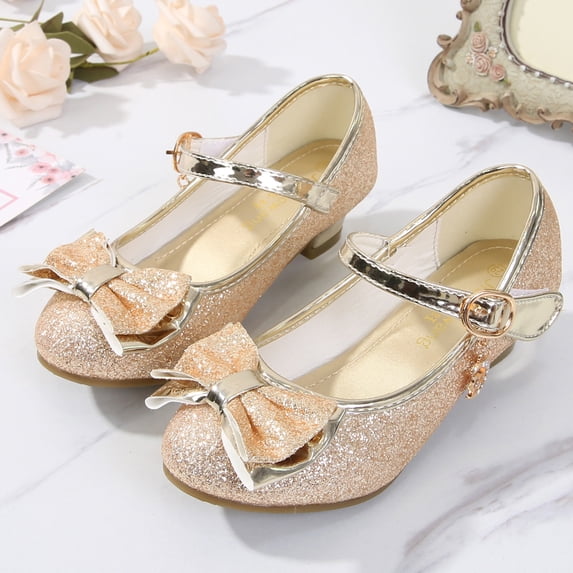 Low Heel Glitter Princess Shoes for Girls, Non-slip Mary Jane Dress Shoes with Bow and Charm Detail Gold 38