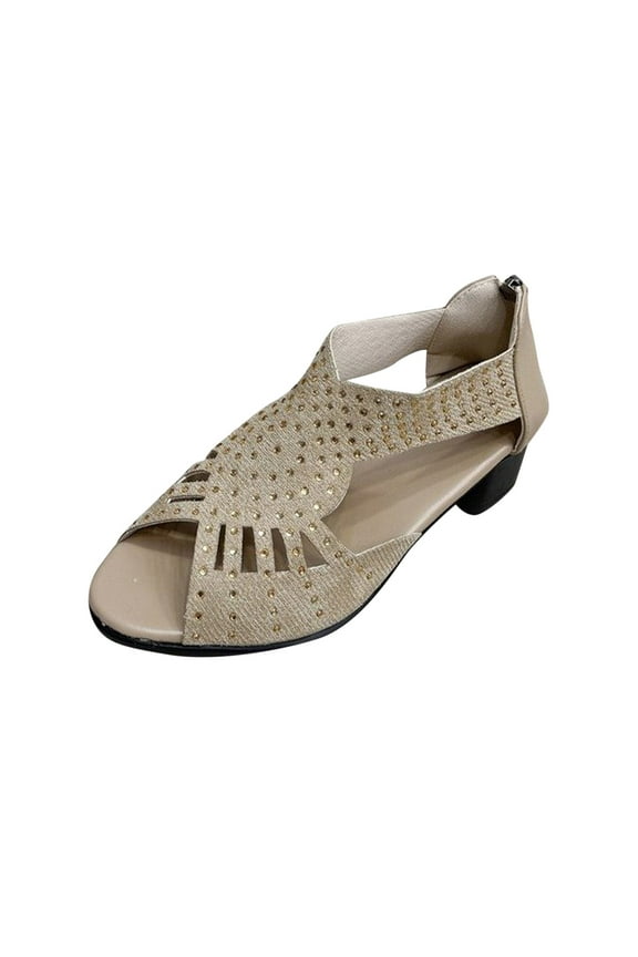 Low Heel Sandals for Women Dressy Summer Slip On Beach Sandals Pearl Zipper Side Pumps Comfortable Open Toe Dress Shoes Gold Women Sandal