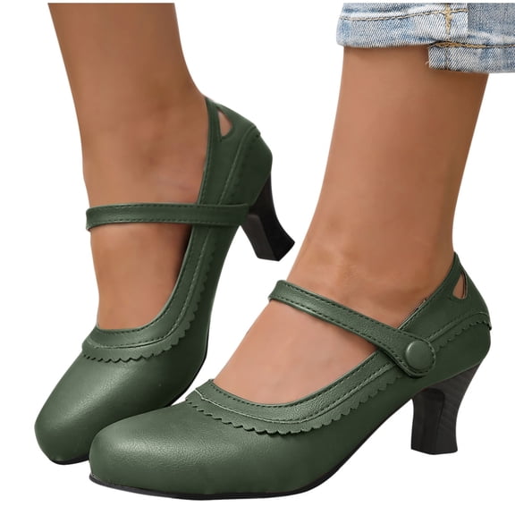Low Heels Shoes for Women Fashion Casual Summer Solid Color Thick Heel Lace Round Head High Heels Women's Mary Jane Closed Toe Work Comfortable Round Toe Dress Shoes for Office Business