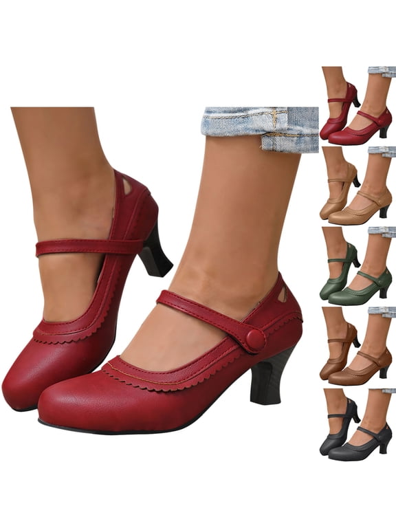Low Heels Shoes for Women Fashion Casual Summer Solid Color Thick Heel Lace Round Head High Heels Women's Mary Jane Closed Toe Work Comfortable Round Toe Dress Shoes for Office Business