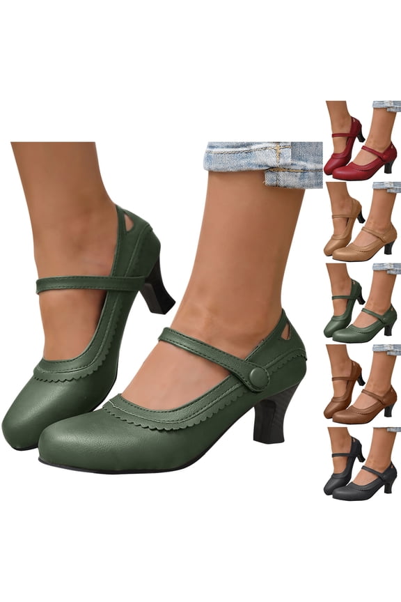 Low Heels Shoes for Women Fashion Casual Summer Solid Color Thick Heel Lace Round Head High Heels Women's Mary Jane Closed Toe Work Comfortable Round Toe Dress Shoes for Office Business