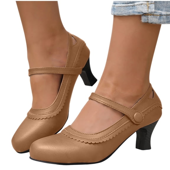 Low Heels Shoes for Women Fashion Casual Summer Solid Color Thick Heel Lace Round Head High Heels Women's Mary Jane Closed Toe Work Comfortable Round Toe Dress Shoes for Office Business