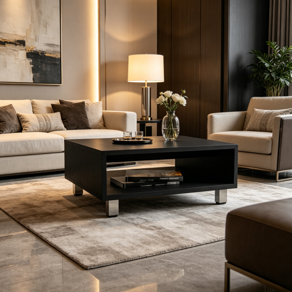 Low Height Modern Coffee Table with Open Storage, Black Particle Board Accent Table