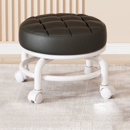 Low Height Rolling Stool with 360° Swivel Wheels, Round Stool, Mobile Roller Chair Comfortable Leather Office Stool Work Chair, Heavy-Duty & Quiet Swivel Stools for Home Office SPA Salon Stools Black
