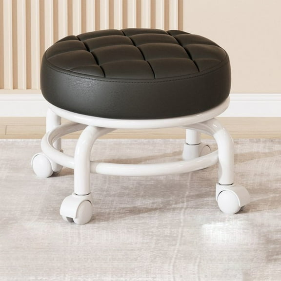Low Height Rolling Stool with 360° Swivel Wheels, Round Stool, Mobile Roller Chair Comfortable Leather Office Stool Work Chair, Heavy-Duty & Quiet Swivel Stools for Home Office SPA Salon Stools Black