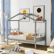 Twin Bed Frame with Under Bed Storage Space, Wood House Bed for Kids, Boys and Girls, Bedroom Furniture, Gray