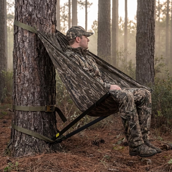 Low Down Hunting Seat, Adjustable Height Portable Folding Tree Seat, Silent Swivel 180 Pivot Hammock Chair, Lightweight Hunting Hammock for Deer Turkey Ground Camping Shooting