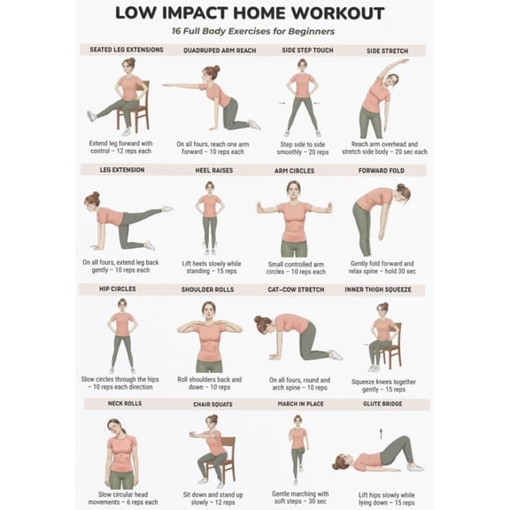 Low Impact Home Exercise Poster, Beginner Full Body Exercise Chart, Easy At Home Exercise Poster, No Equipment Required Exercise, Fitness Poster