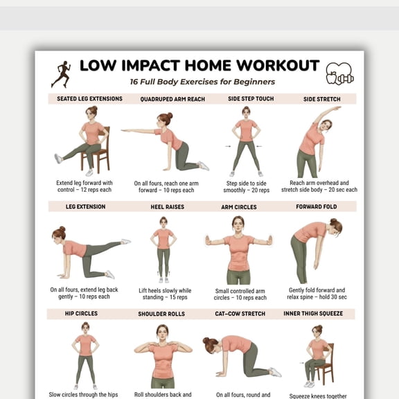 Low Impact Home Exercise Poster, Beginner Full Body Exercise Chart Poster, Easy At Home Exercise Poster, No Equipment Required Exercise Fitness Poster poster