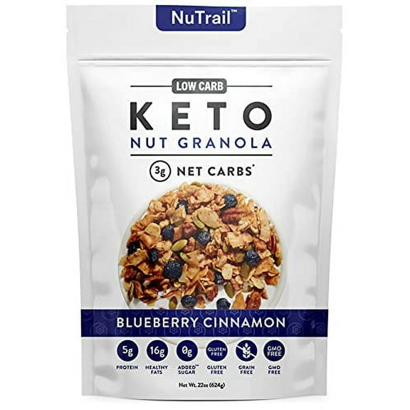 Low Karb NuTrail, Keto Blueberry Nut Granola Healthy Breakfast Cereal, Low Carb Snacks & Food, Almonds, Pecans, Coconut and More, 3 g Net Carbs, 1.37 lb, 22 Oz