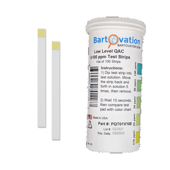 Low Level Residual Quaternary Ammonium (QAC, Multi Quat) Test Strips, 0-100 ppm [Vial of 100 Strips]