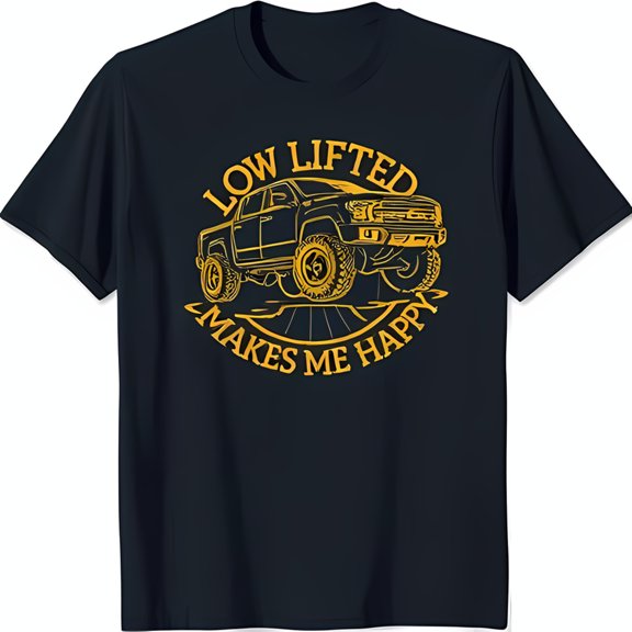 Low Lifted Truck Graphic Black T-Shirt Happy Vibes Circle Design in Yellow