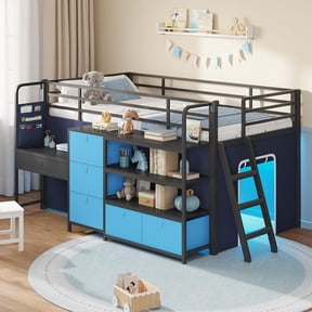 Low Loft Bed with Desk and LED Lights, Twin Size Loft Bed Frame with 6 Storage Drawers, Bookshelf and Under-Bed Play Space, Twin Bed Frame with Safety Guardrail&Ladder for Bedroom, Black