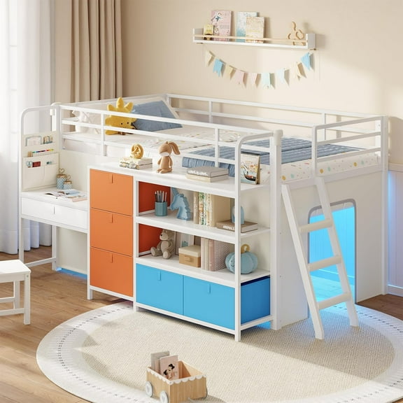 Low Loft Bed with Desk and LED Lights, Twin Size Loft Bed Frame with 6 Storage Drawers, Bookshelf and Under-Bed Play Space, Twin Bed Frame with Safety Guardrail&Ladder for Bedroom, White&Blue