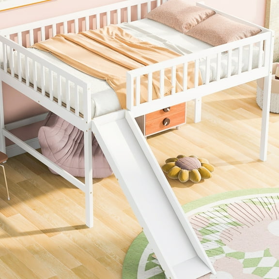 Low Loft Bed In White With Space-saving And Adjustable Slide - Versatile Bedroom Compact Space Saver