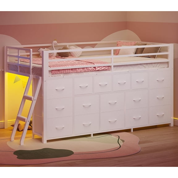 Low Loft Bed with Ladder and Safety Guardrails, Heavy Duty Metal Twin Size Loft Bed with Storage-16 Fabric Drawers,RGB LED Lights,Space-Saving Design, No Box Spring Needed ,Under-Bed Play Space,White