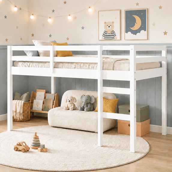 SESSLIFE Twin Size Loft Bed with Stairs, Gray Tall Solid Wood Loft Bed with Ladder and Guardrails for Boys Girls, No Box Spring Needed,Under Bed Storage