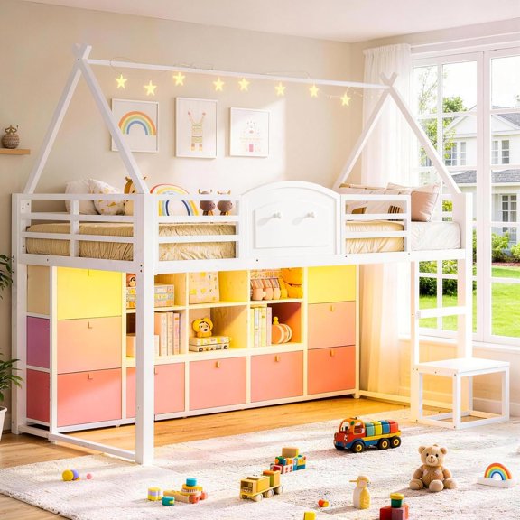 Low Loft Bed  Size with 9 Storage Drawers, Bookcase and LED Lights, House-Shaped Metal  Loft Bed with Step Stool and Safety Guardrail,  Loft Bed with Under-Bed Play Space, White