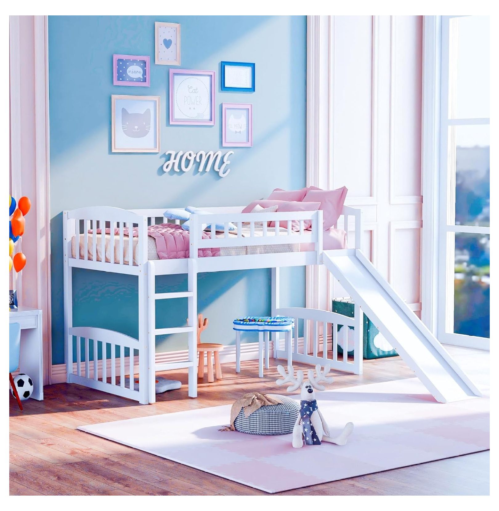 Low Loft Bed with Slide,Kids Loft Bed with Security Guardrail & Ladders