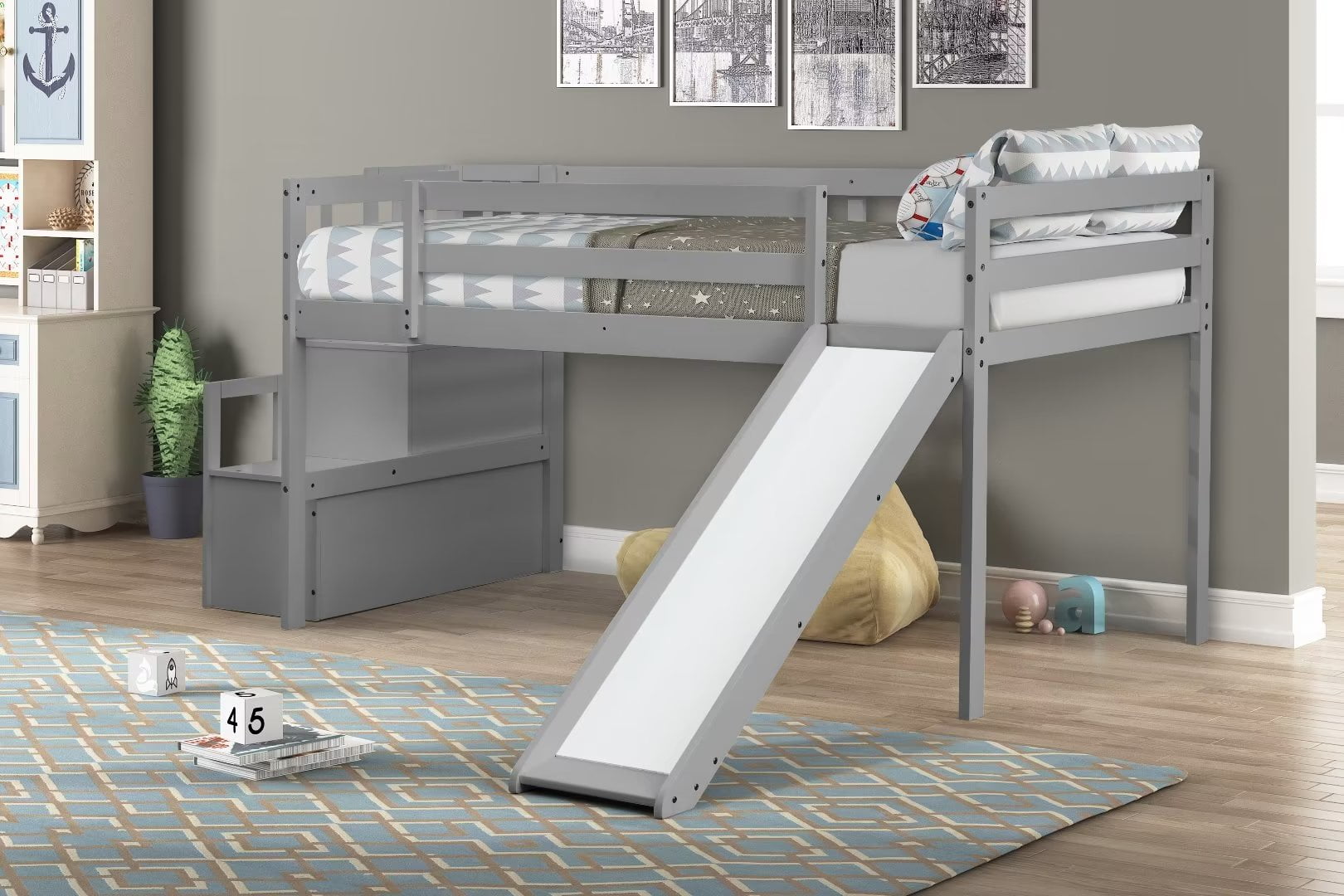Low Loft Bed with Slide, Solid Wood Twin Loft Bed Frame with 2Step