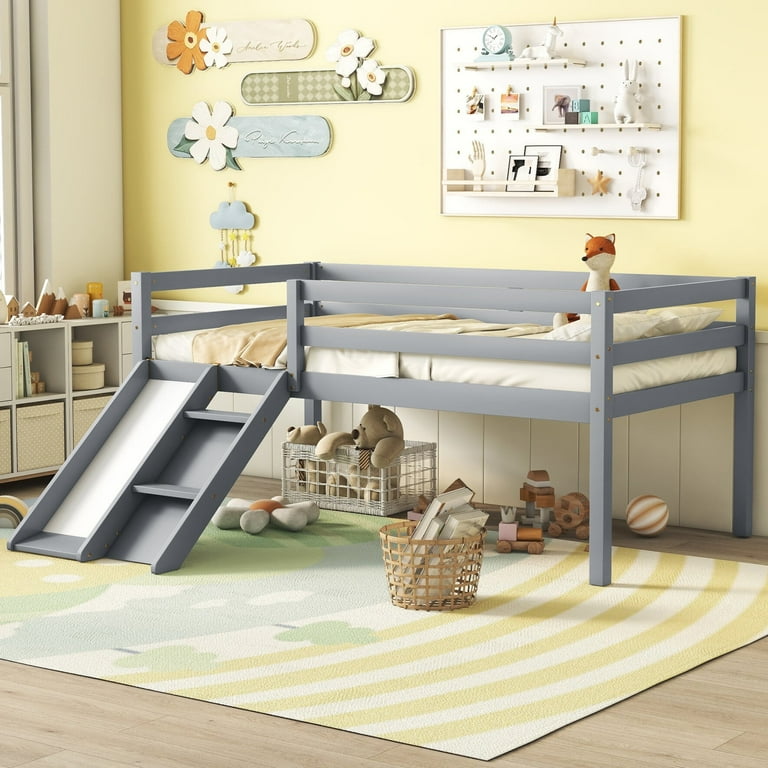 Low Loft Bed with Slide, Solid Wood Twin Size Loft Bed Frame with