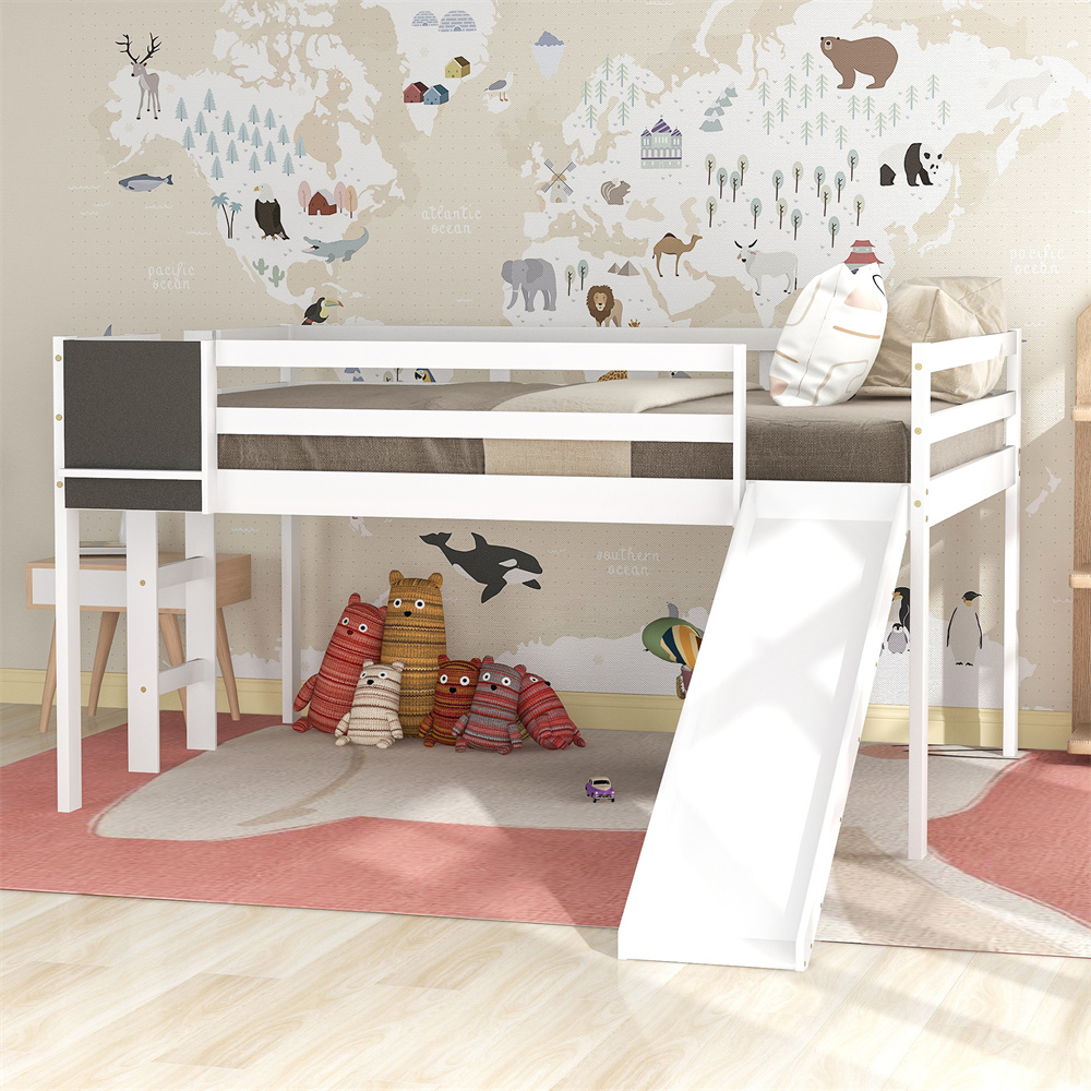 Low Loft Bed with Slide, Stair and Chalkboard, Wood Full Size Loft Bed