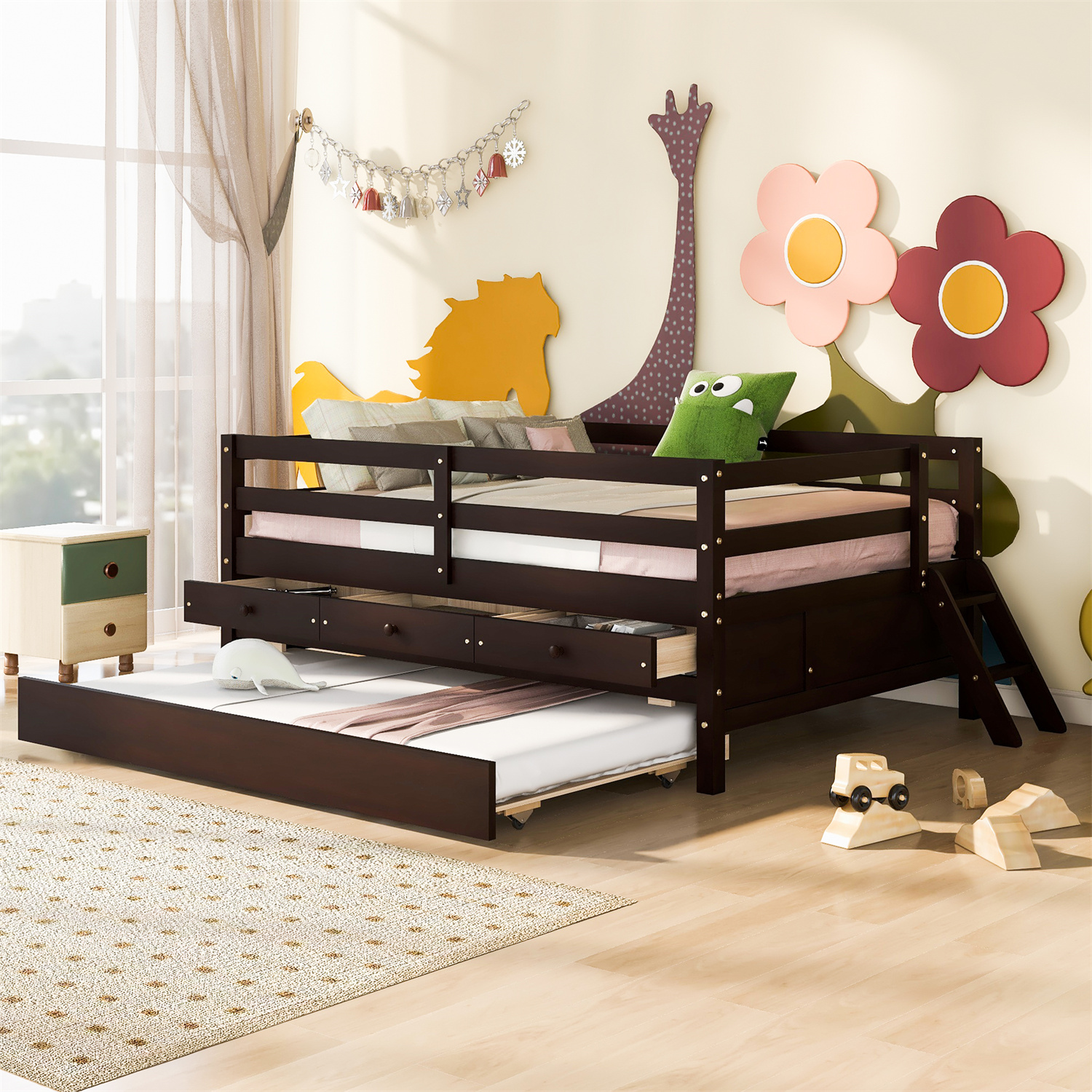 Low Loft Bed with Storage Drawers and Trundle, Full Size Solid Wood