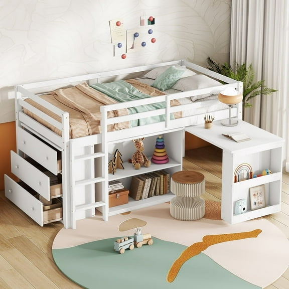 Low Loft Bed with Storage & Rolling Out Desk, Twin Size Loft Beds with Bookcase & Drawers, Rubber Wood Junior Lofts Bed with Dresser/Shelves/Ladder/Guardrails, White