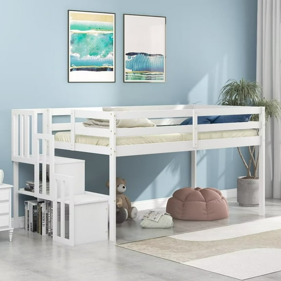 Low Loft Bed with Storage, Solid Wood Twin Loft Bed Frame with 2-Step Staircase, Storage Shelves, Under-bed Storage Space and Full-length Safety Guardrails for Boys Girls, No Box Spring Needed, White