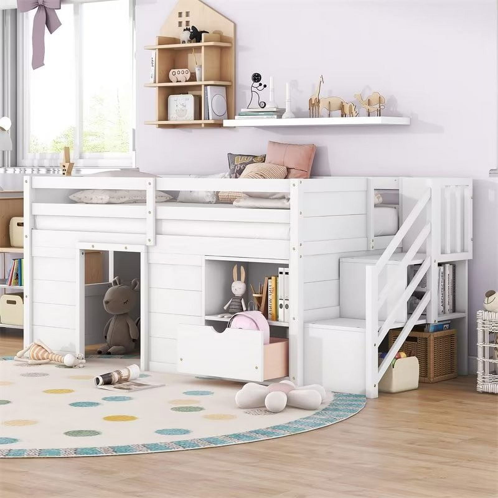 Low Loft Bed with Storage Stairs, Drawer and Shelf, Upgraded Twin Size Solid Wood Loft Bed Frame
