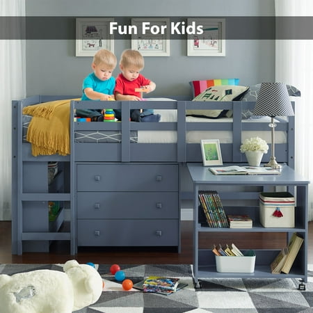 Low Loft Bed Twin Loft Bed with Desk and Storage Kids Beds for Boy Solid Pine Wood Toddler Loft Bed with Storage, Ladder Storage Guard Rails, No Box Spring Needed, Loft Bed Gray